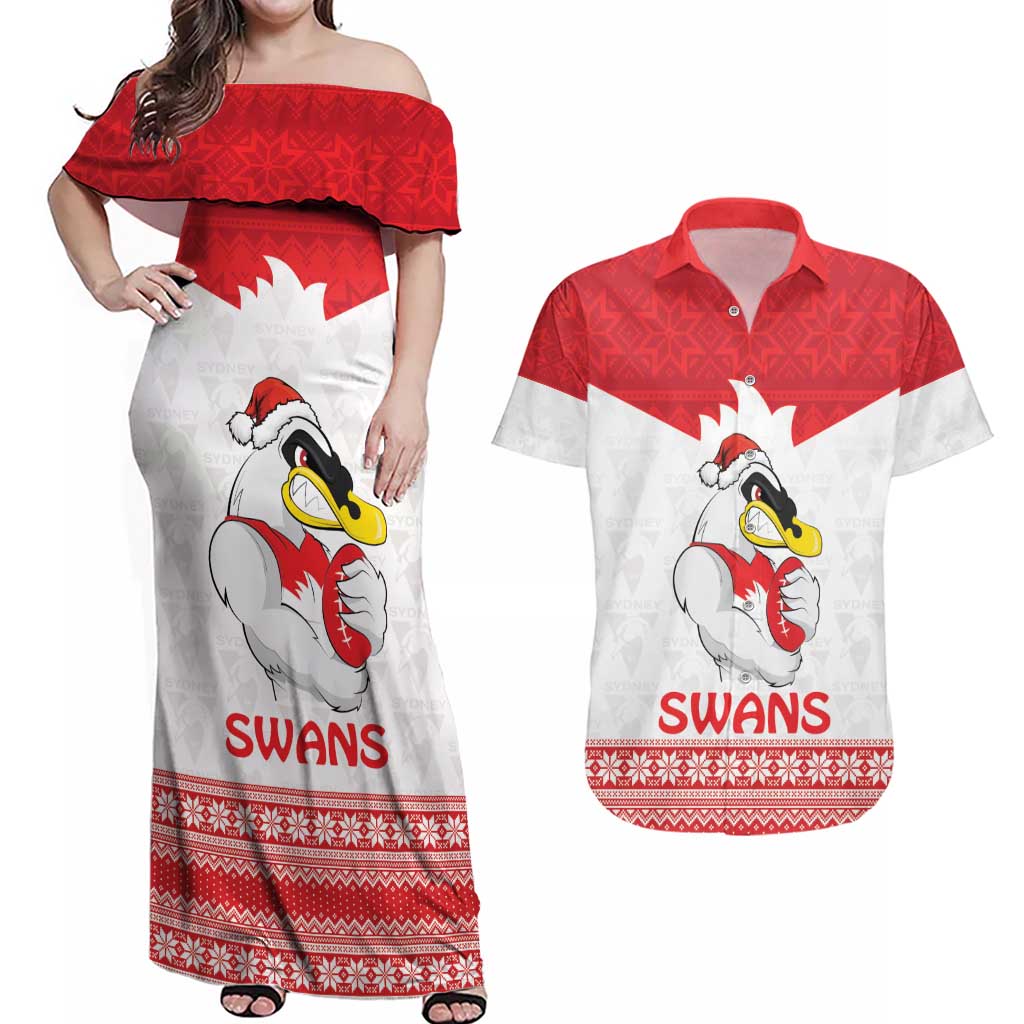 AFL Sydney Christmas Personalised Couples Matching Off Shoulder Maxi Dress and Hawaiian Shirt with Swans Mascot Simple Style