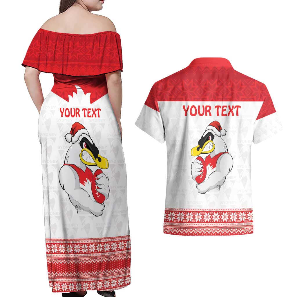 AFL Sydney Christmas Personalised Couples Matching Off Shoulder Maxi Dress and Hawaiian Shirt with Swans Mascot Simple Style