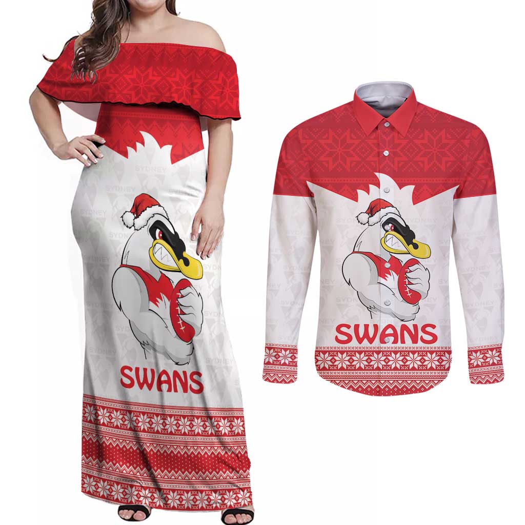 AFL Sydney Christmas Personalised Couples Matching Off Shoulder Maxi Dress and Long Sleeve Button Shirt with Swans Mascot Simple Style