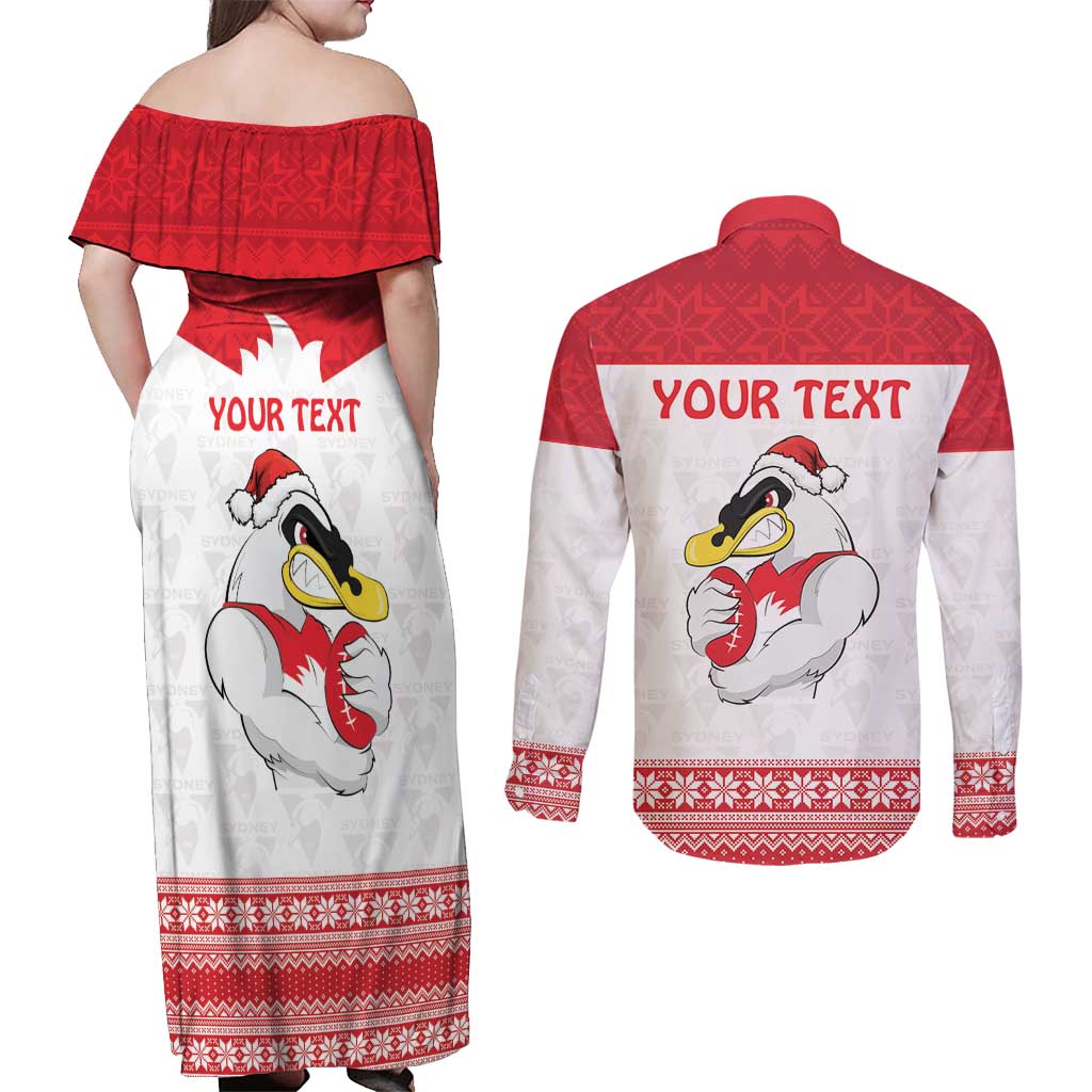 AFL Sydney Christmas Personalised Couples Matching Off Shoulder Maxi Dress and Long Sleeve Button Shirt with Swans Mascot Simple Style