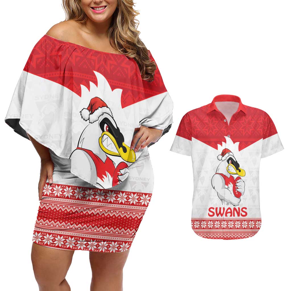 AFL Sydney Christmas Personalised Couples Matching Off Shoulder Short Dress and Hawaiian Shirt with Swans Mascot Simple Style
