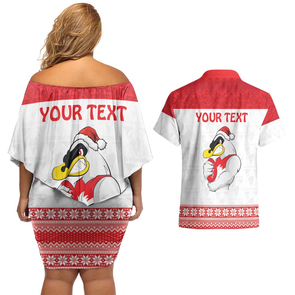 AFL Sydney Christmas Personalised Couples Matching Off Shoulder Short Dress and Hawaiian Shirt with Swans Mascot Simple Style