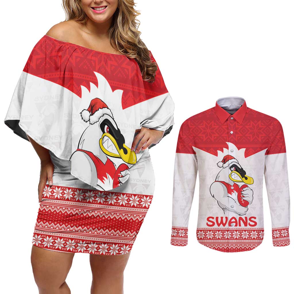 AFL Sydney Christmas Personalised Couples Matching Off Shoulder Short Dress and Long Sleeve Button Shirt with Swans Mascot Simple Style