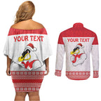 AFL Sydney Christmas Personalised Couples Matching Off Shoulder Short Dress and Long Sleeve Button Shirt with Swans Mascot Simple Style