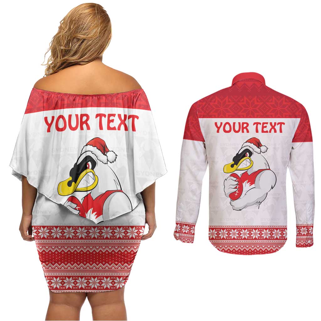 AFL Sydney Christmas Personalised Couples Matching Off Shoulder Short Dress and Long Sleeve Button Shirt with Swans Mascot Simple Style