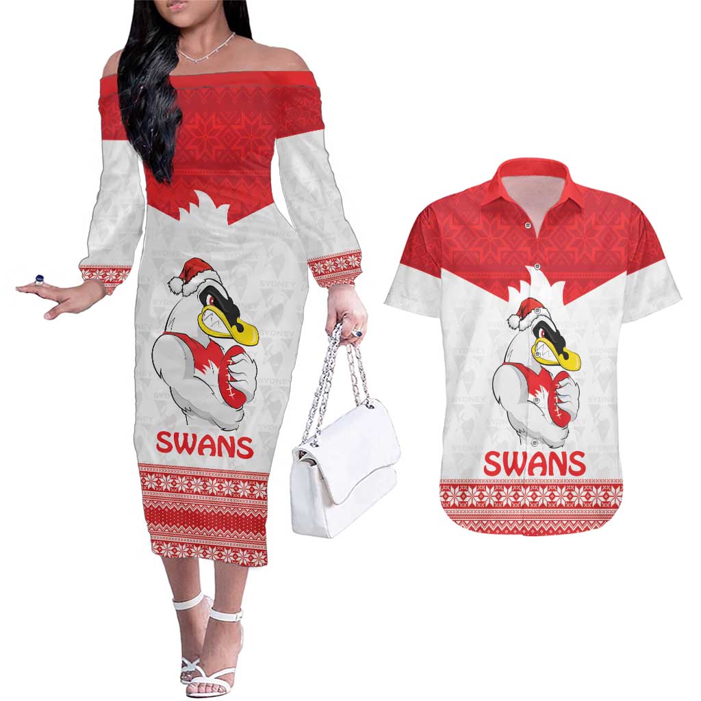 AFL Sydney Christmas Personalised Couples Matching Off The Shoulder Long Sleeve Dress and Hawaiian Shirt with Swans Mascot Simple Style