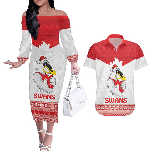 AFL Sydney Christmas Personalised Couples Matching Off The Shoulder Long Sleeve Dress and Hawaiian Shirt with Swans Mascot Simple Style