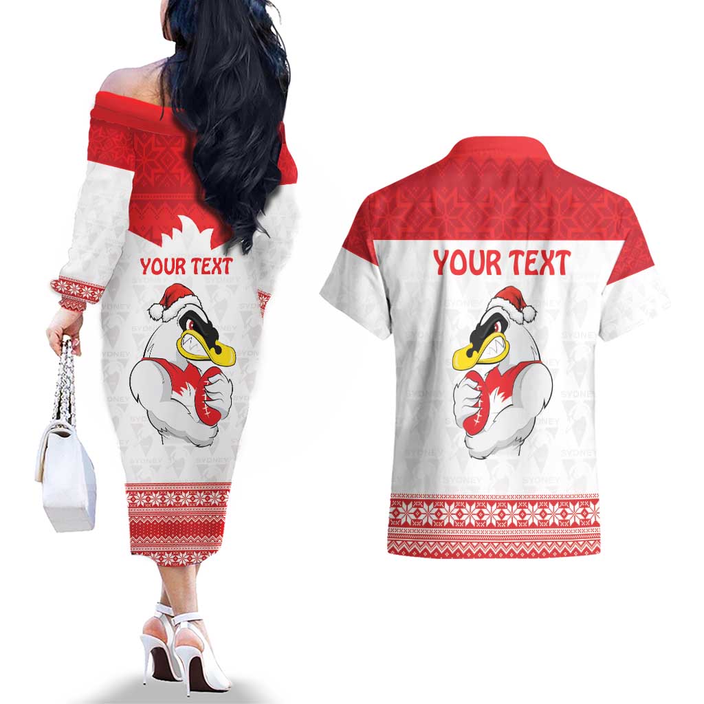 AFL Sydney Christmas Personalised Couples Matching Off The Shoulder Long Sleeve Dress and Hawaiian Shirt with Swans Mascot Simple Style
