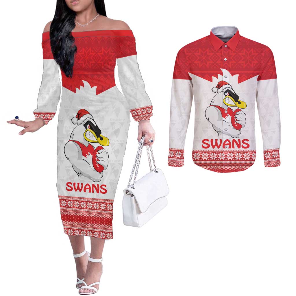 AFL Sydney Christmas Personalised Couples Matching Off The Shoulder Long Sleeve Dress and Long Sleeve Button Shirt with Swans Mascot Simple Style
