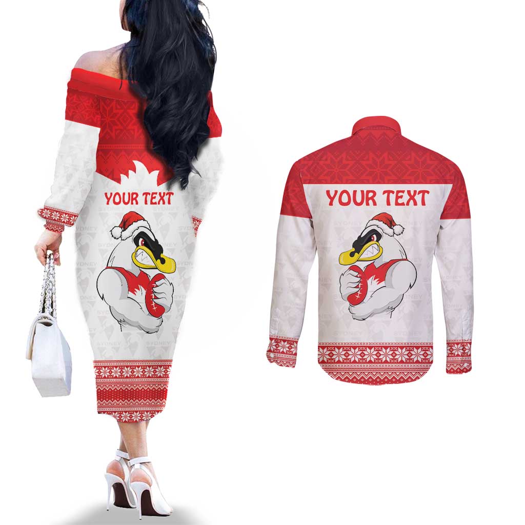 AFL Sydney Christmas Personalised Couples Matching Off The Shoulder Long Sleeve Dress and Long Sleeve Button Shirt with Swans Mascot Simple Style