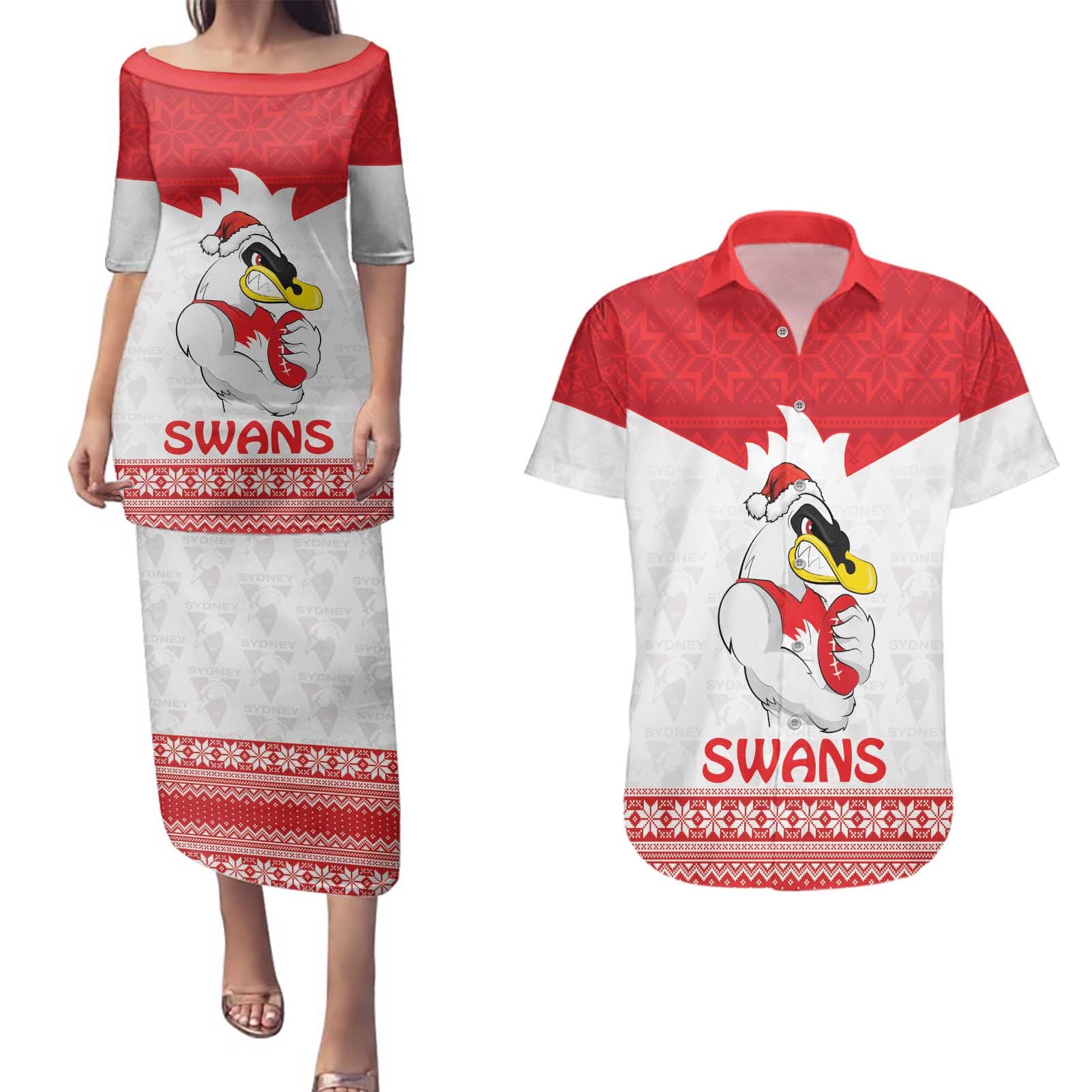 AFL Sydney Christmas Personalised Couples Matching Puletasi and Hawaiian Shirt with Swans Mascot Simple Style