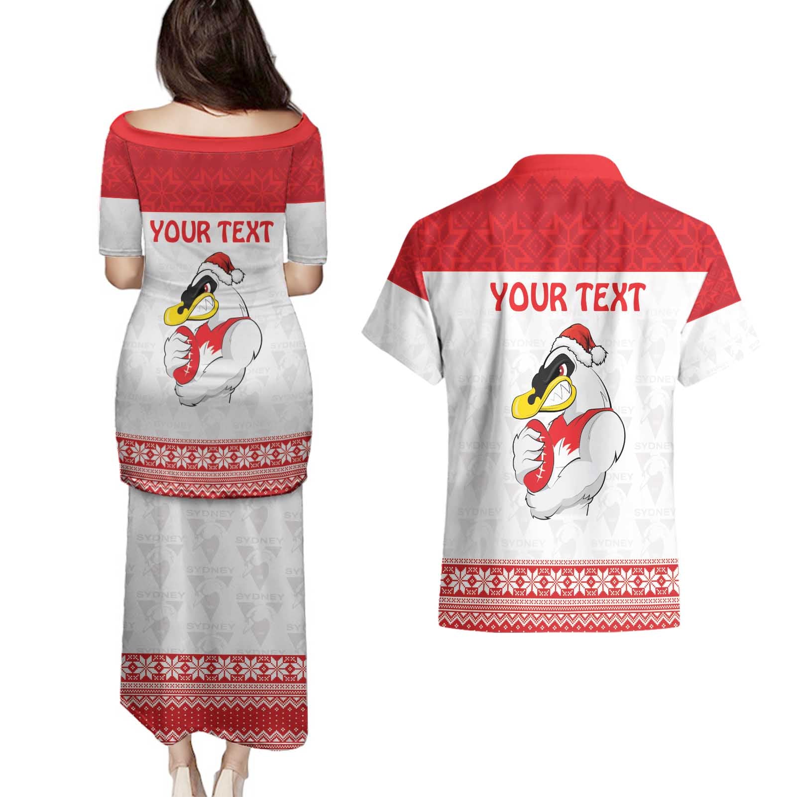 AFL Sydney Christmas Personalised Couples Matching Puletasi and Hawaiian Shirt with Swans Mascot Simple Style
