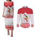 AFL Sydney Christmas Personalised Couples Matching Puletasi and Long Sleeve Button Shirt with Swans Mascot Simple Style