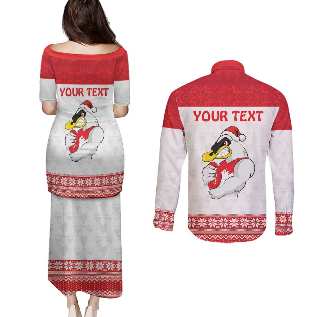 AFL Sydney Christmas Personalised Couples Matching Puletasi and Long Sleeve Button Shirt with Swans Mascot Simple Style