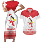 AFL Sydney Christmas Personalised Couples Matching Short Sleeve Bodycon Dress and Hawaiian Shirt with Swans Mascot Simple Style