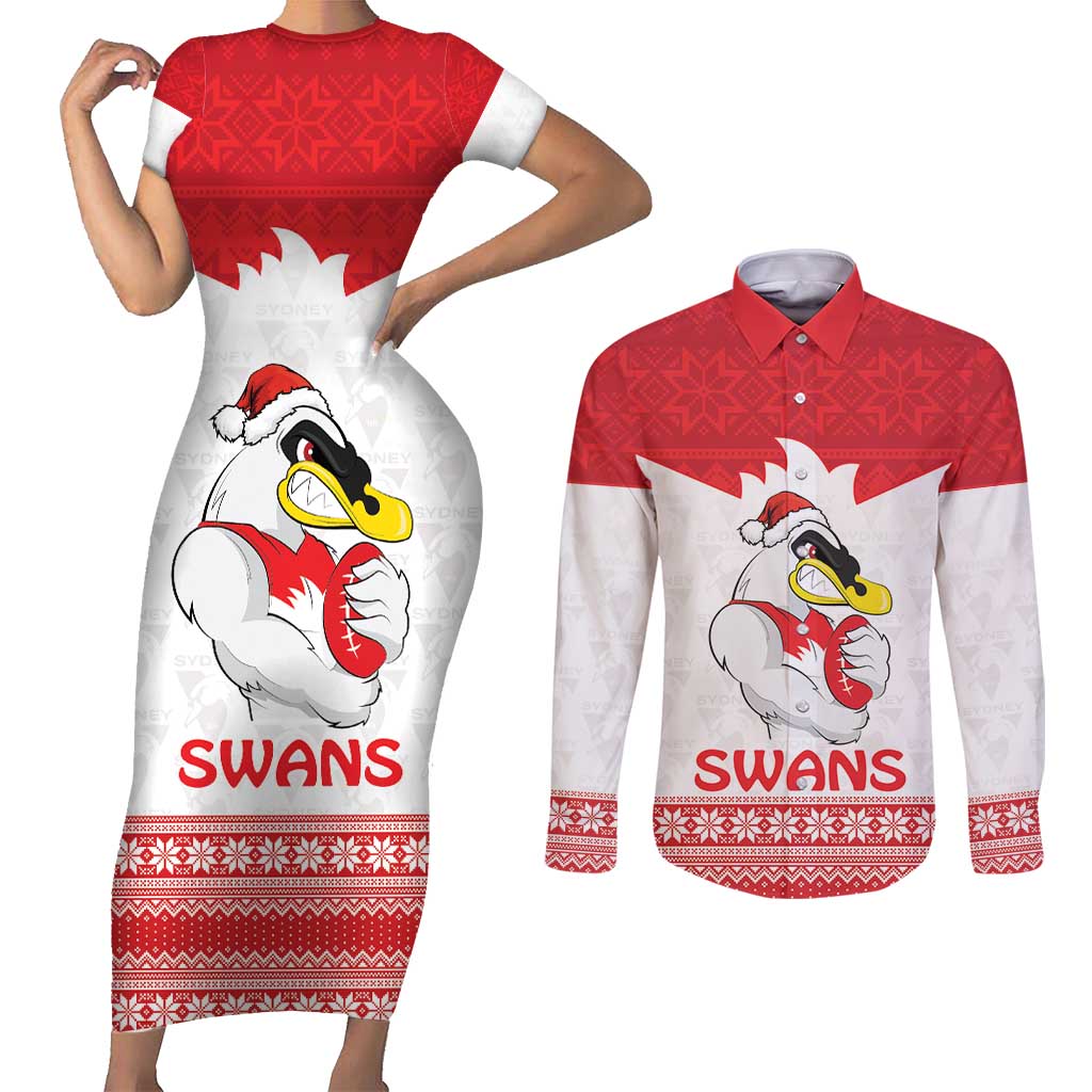 AFL Sydney Christmas Personalised Couples Matching Short Sleeve Bodycon Dress and Long Sleeve Button Shirt with Swans Mascot Simple Style