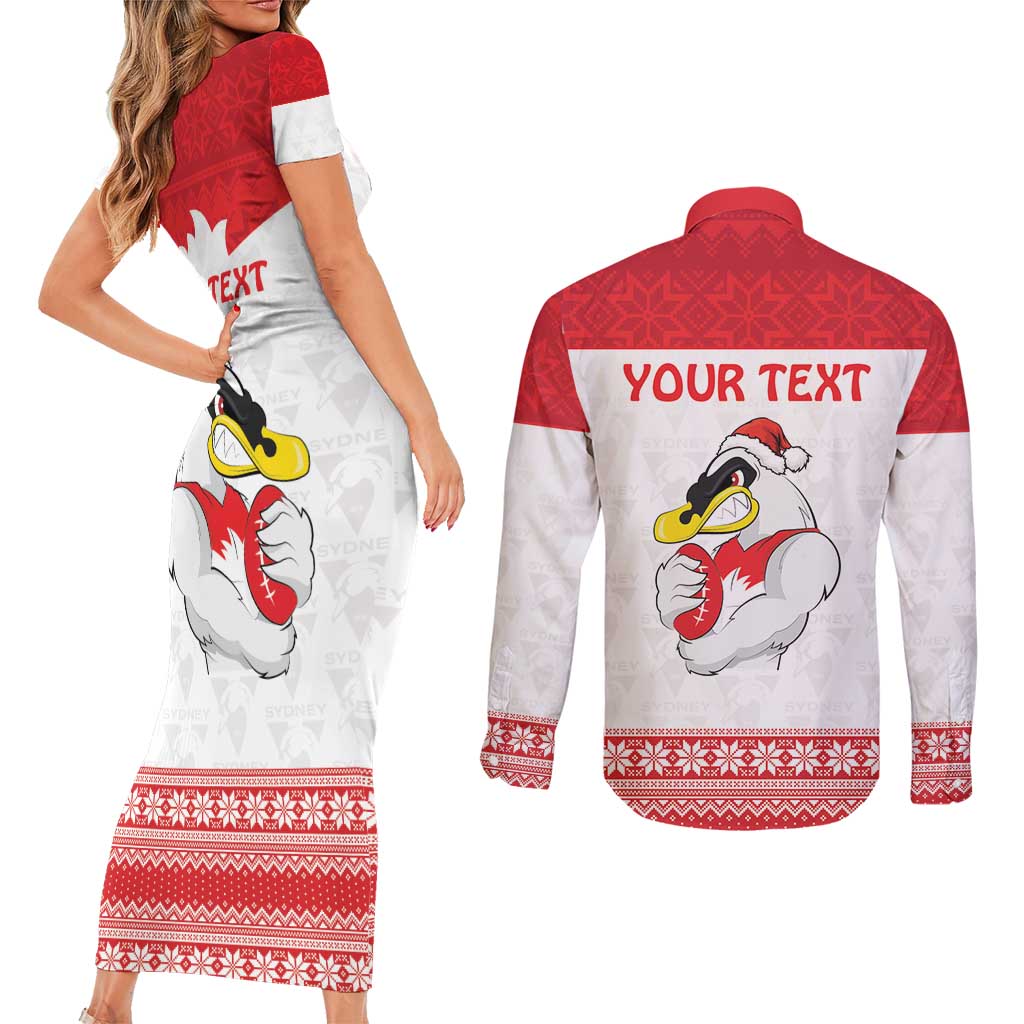 AFL Sydney Christmas Personalised Couples Matching Short Sleeve Bodycon Dress and Long Sleeve Button Shirt with Swans Mascot Simple Style