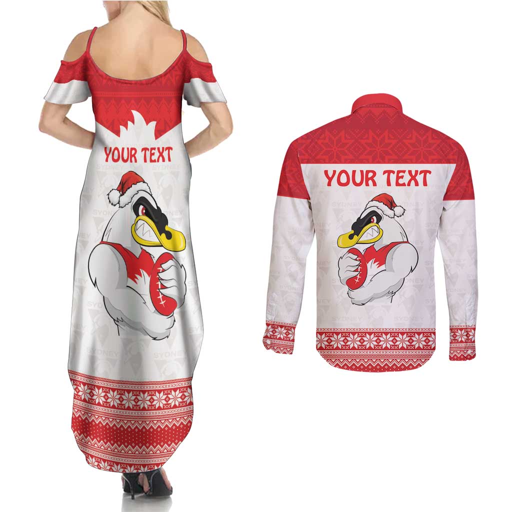 AFL Sydney Christmas Personalised Couples Matching Summer Maxi Dress and Long Sleeve Button Shirt with Swans Mascot Simple Style