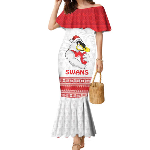 AFL Sydney Christmas Personalised Family Matching Mermaid Dress and Hawaiian Shirt with Swans Mascot Simple Style