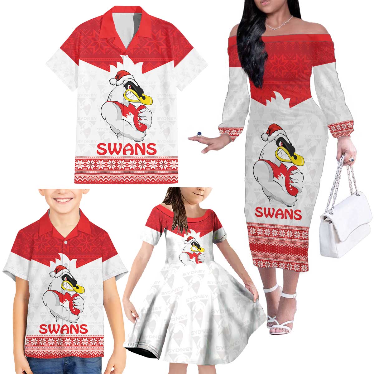 AFL Sydney Christmas Personalised Family Matching Off The Shoulder Long Sleeve Dress and Hawaiian Shirt with Swans Mascot Simple Style