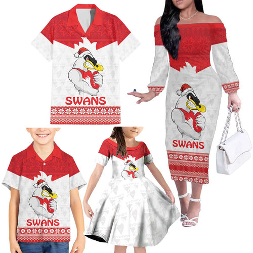 AFL Sydney Christmas Personalised Family Matching Off The Shoulder Long Sleeve Dress and Hawaiian Shirt with Swans Mascot Simple Style
