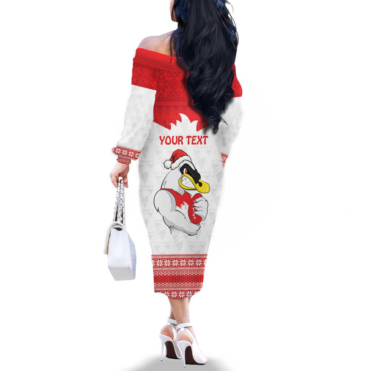 AFL Sydney Christmas Personalised Family Matching Off The Shoulder Long Sleeve Dress and Hawaiian Shirt with Swans Mascot Simple Style