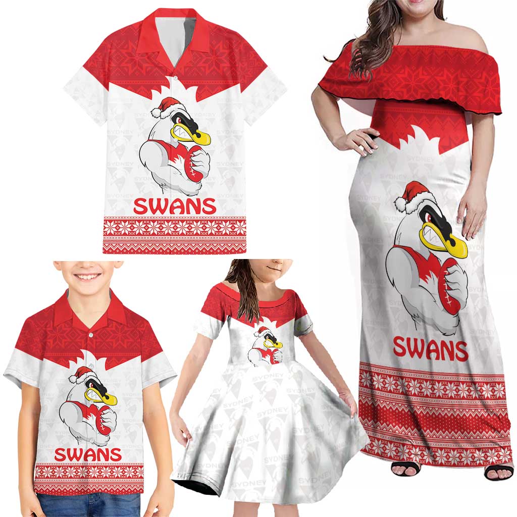 AFL Sydney Christmas Personalised Family Matching Off Shoulder Maxi Dress and Hawaiian Shirt with Swans Mascot Simple Style