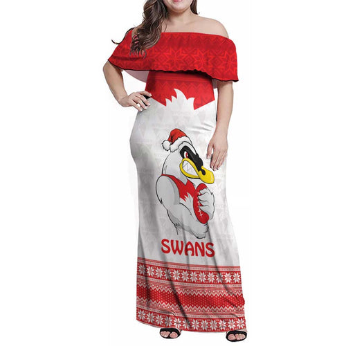 AFL Sydney Christmas Personalised Family Matching Off Shoulder Maxi Dress and Hawaiian Shirt with Swans Mascot Simple Style