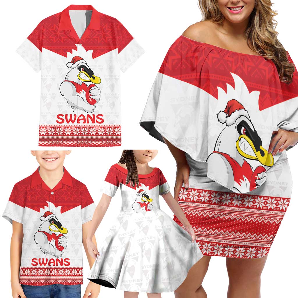 AFL Sydney Christmas Personalised Family Matching Off Shoulder Short Dress and Hawaiian Shirt with Swans Mascot Simple Style