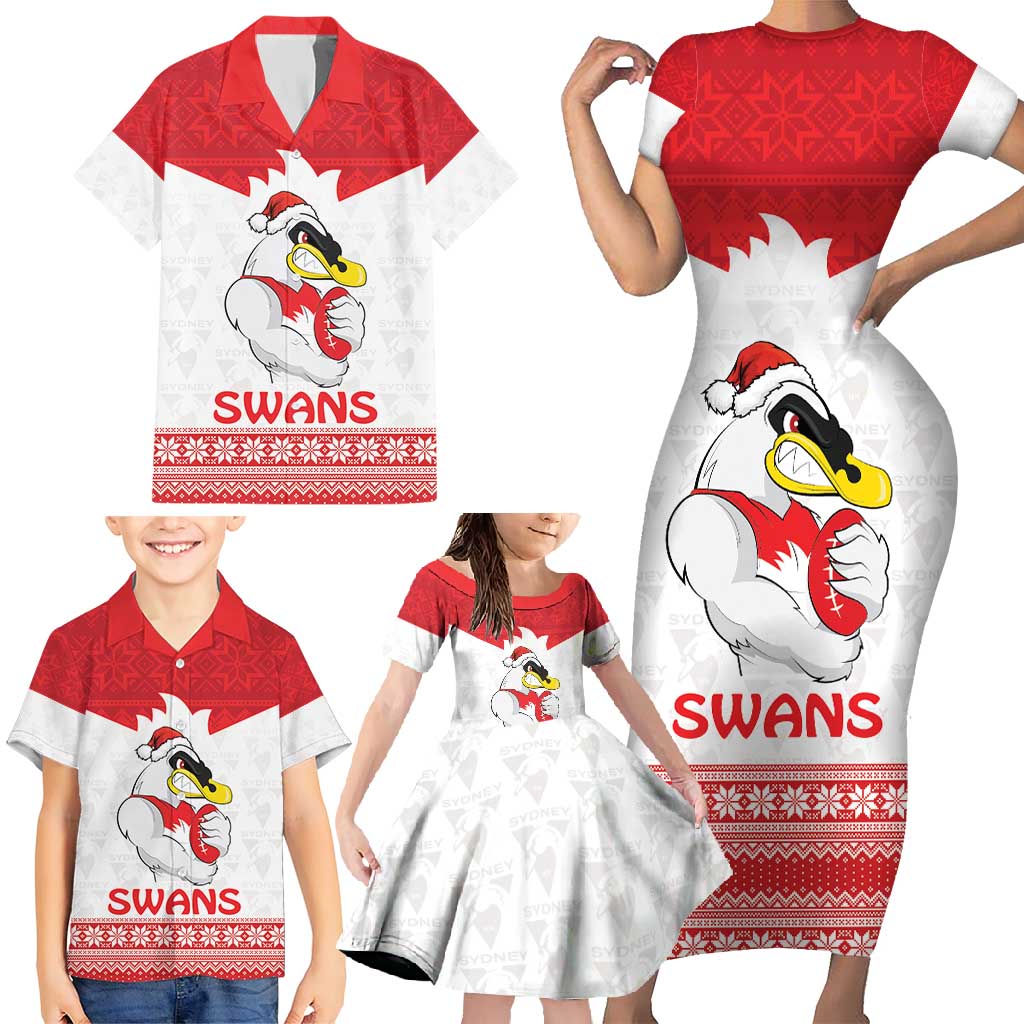 AFL Sydney Christmas Personalised Family Matching Short Sleeve Bodycon Dress and Hawaiian Shirt with Swans Mascot Simple Style