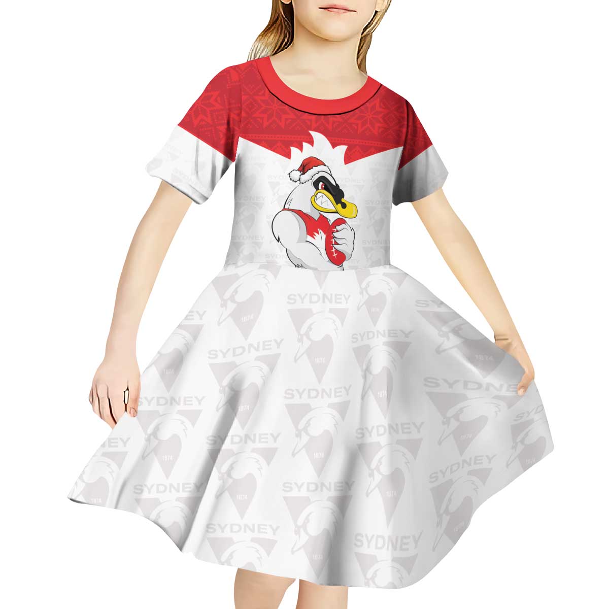 AFL Sydney Christmas Personalised Kid Short Sleeve Dress with Swans Mascot Simple Style