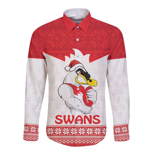 AFL Sydney Christmas Personalised Long Sleeve Button Shirt with Swans Mascot Simple Style