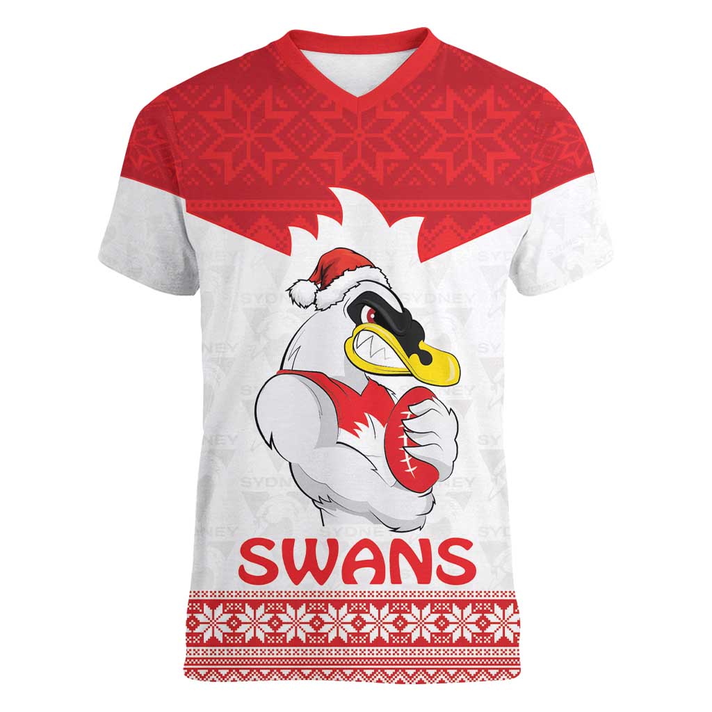 AFL Sydney Christmas Personalised Women V-Neck T-Shirt with Swans Mascot Simple Style