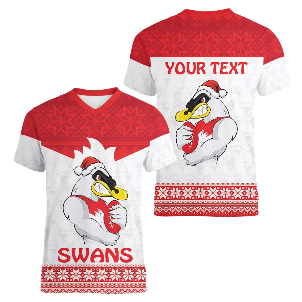 AFL Sydney Christmas Personalised Women V-Neck T-Shirt with Swans Mascot Simple Style