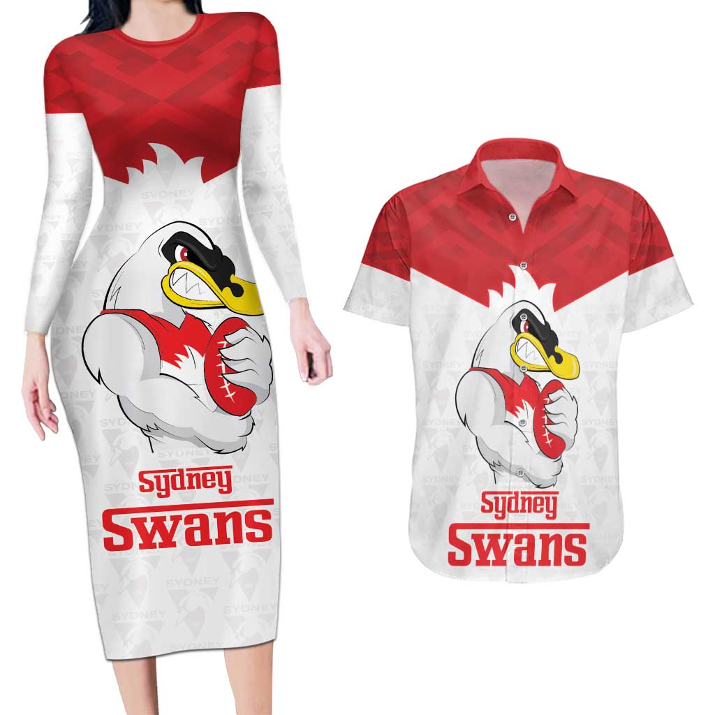 AFL Sydney Custom Couples Matching Long Sleeve Bodycon Dress and Hawaiian Shirt with Swans Mascot Simple Style