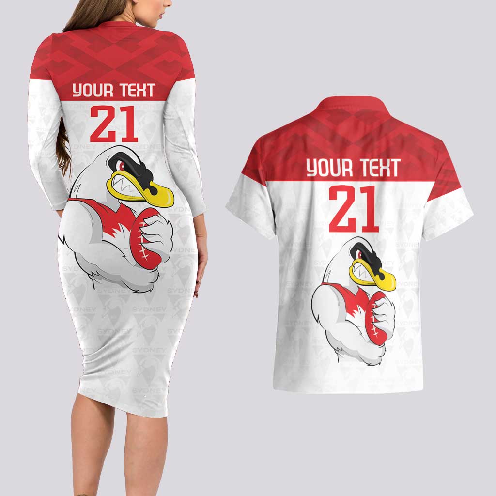 AFL Sydney Custom Couples Matching Long Sleeve Bodycon Dress and Hawaiian Shirt with Swans Mascot Simple Style