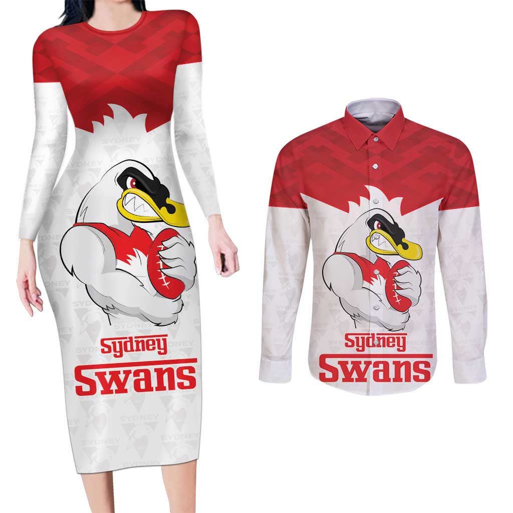 AFL Sydney Custom Couples Matching Long Sleeve Bodycon Dress and Long Sleeve Button Shirt with Swans Mascot Simple Style