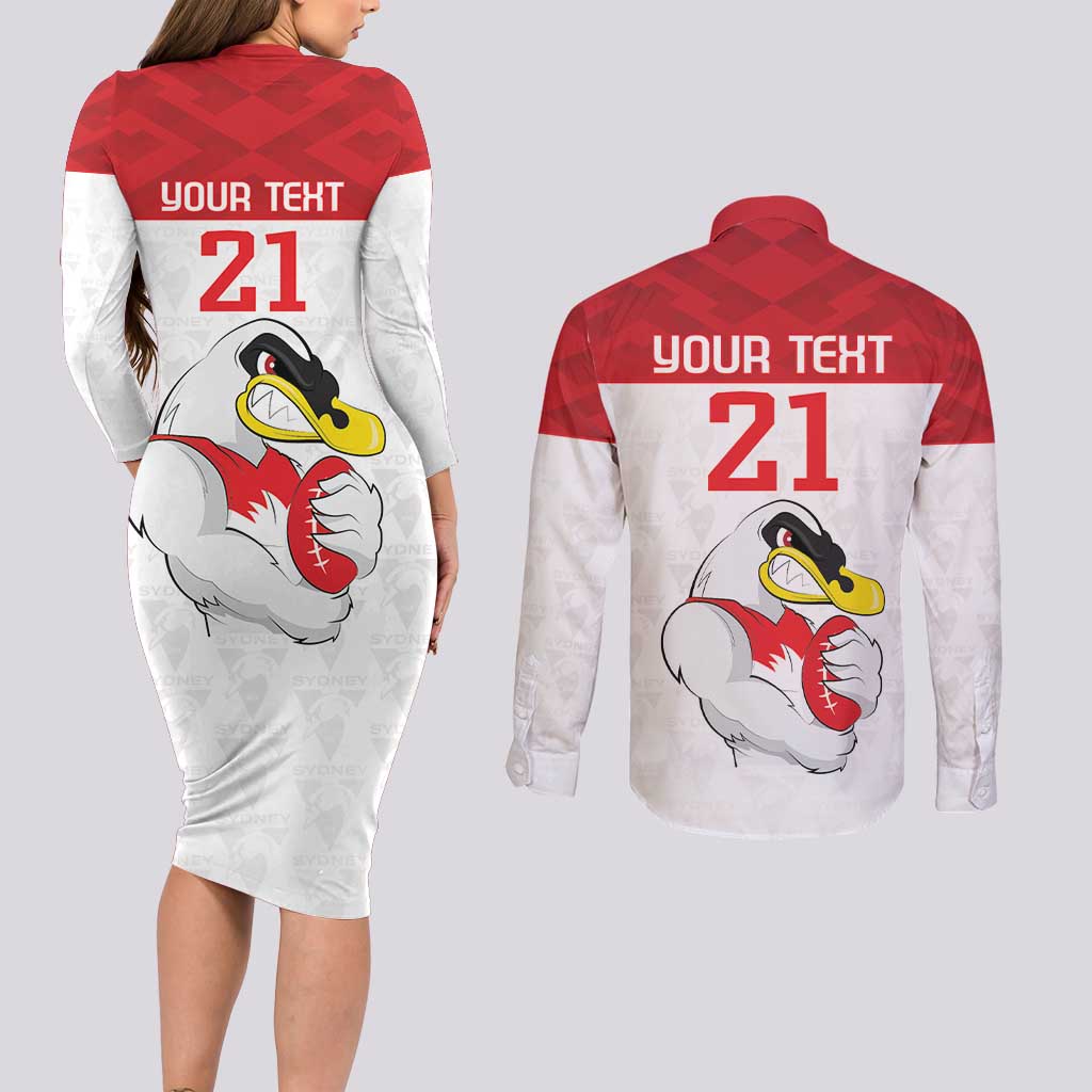 AFL Sydney Custom Couples Matching Long Sleeve Bodycon Dress and Long Sleeve Button Shirt with Swans Mascot Simple Style
