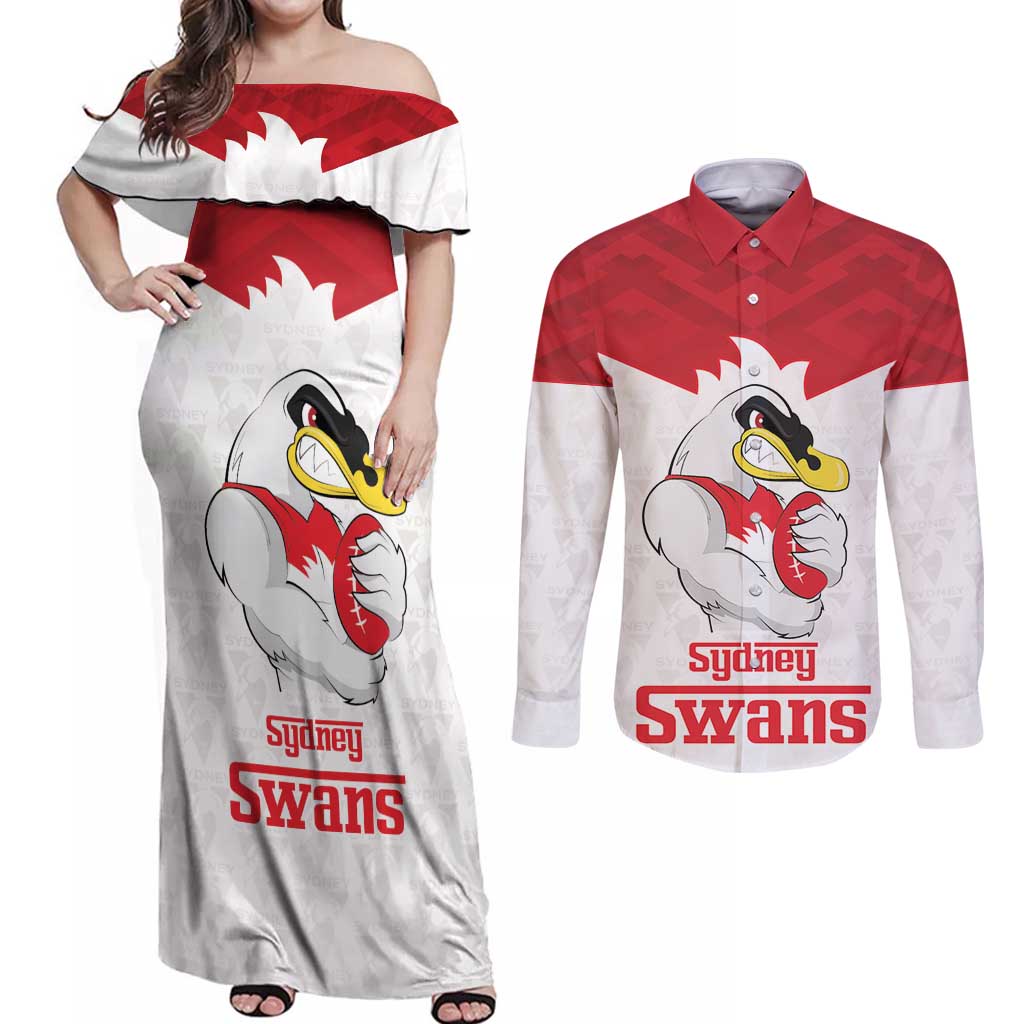 AFL Sydney Custom Couples Matching Off Shoulder Maxi Dress and Long Sleeve Button Shirt with Swans Mascot Simple Style