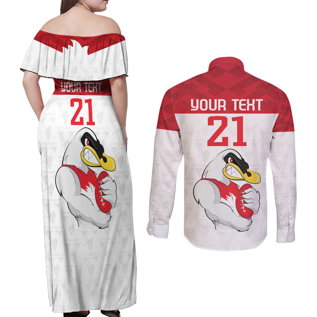 AFL Sydney Custom Couples Matching Off Shoulder Maxi Dress and Long Sleeve Button Shirt with Swans Mascot Simple Style