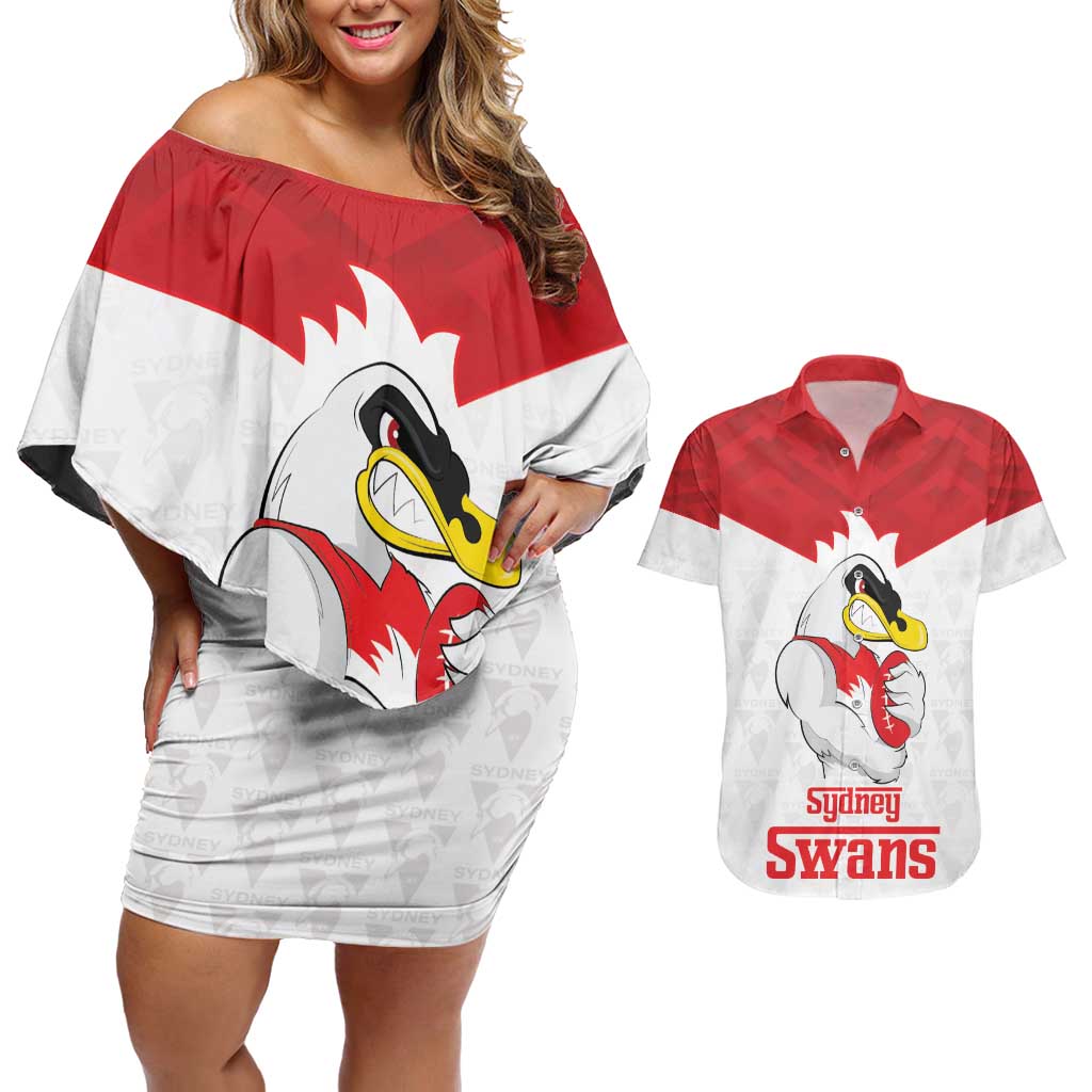 AFL Sydney Custom Couples Matching Off Shoulder Short Dress and Hawaiian Shirt with Swans Mascot Simple Style