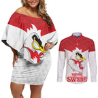 AFL Sydney Custom Couples Matching Off Shoulder Short Dress and Long Sleeve Button Shirt with Swans Mascot Simple Style