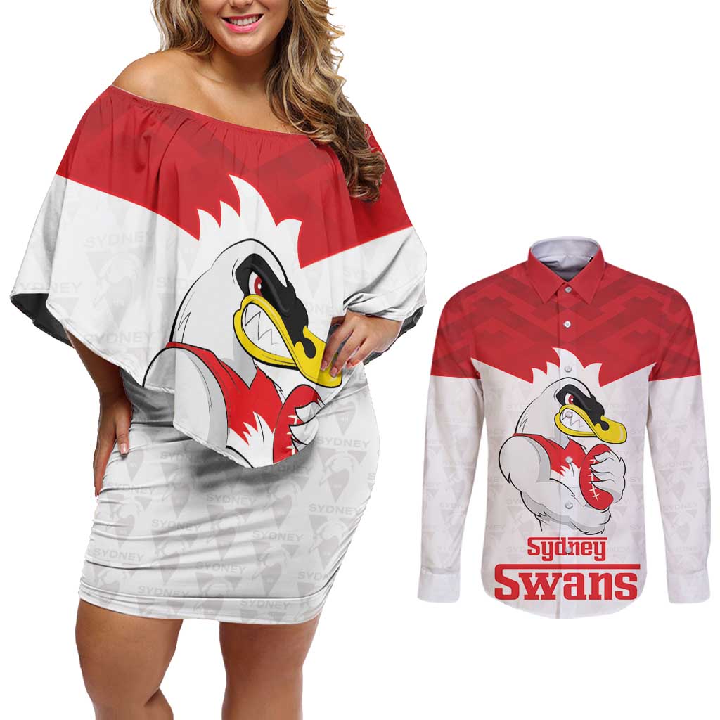 AFL Sydney Custom Couples Matching Off Shoulder Short Dress and Long Sleeve Button Shirt with Swans Mascot Simple Style