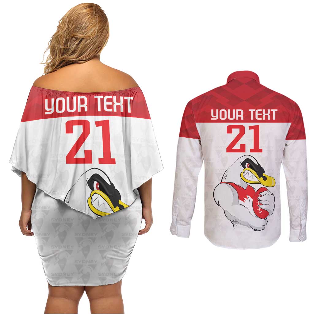 AFL Sydney Custom Couples Matching Off Shoulder Short Dress and Long Sleeve Button Shirt with Swans Mascot Simple Style