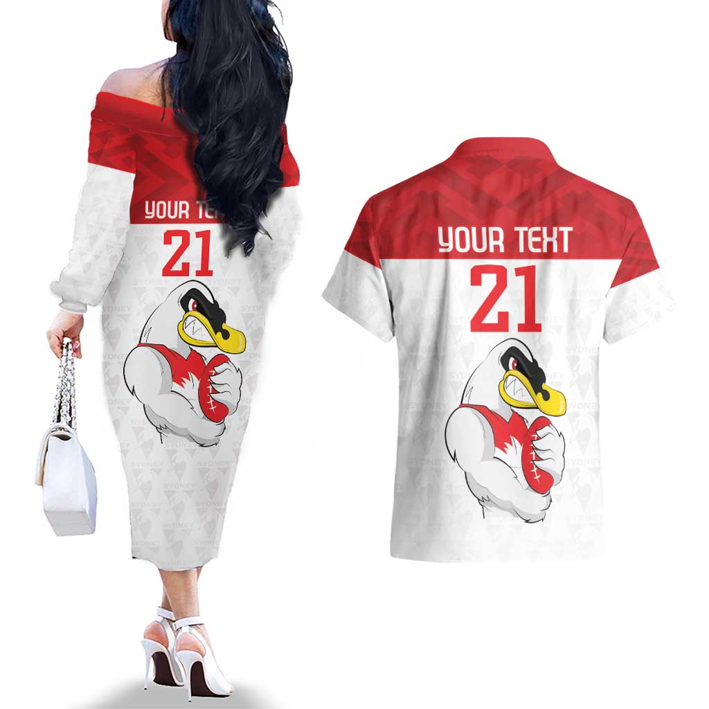 AFL Sydney Custom Couples Matching Off The Shoulder Long Sleeve Dress and Hawaiian Shirt with Swans Mascot Simple Style