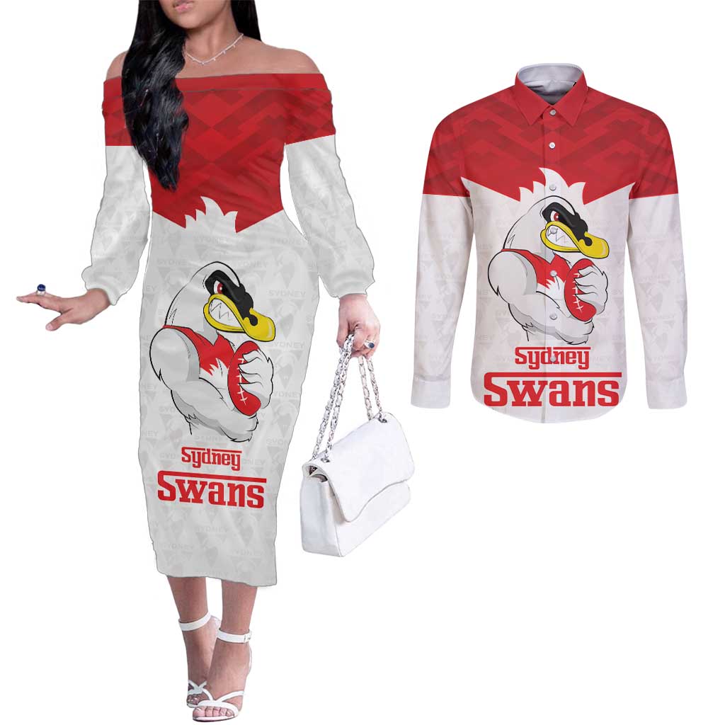 AFL Sydney Custom Couples Matching Off The Shoulder Long Sleeve Dress and Long Sleeve Button Shirt with Swans Mascot Simple Style