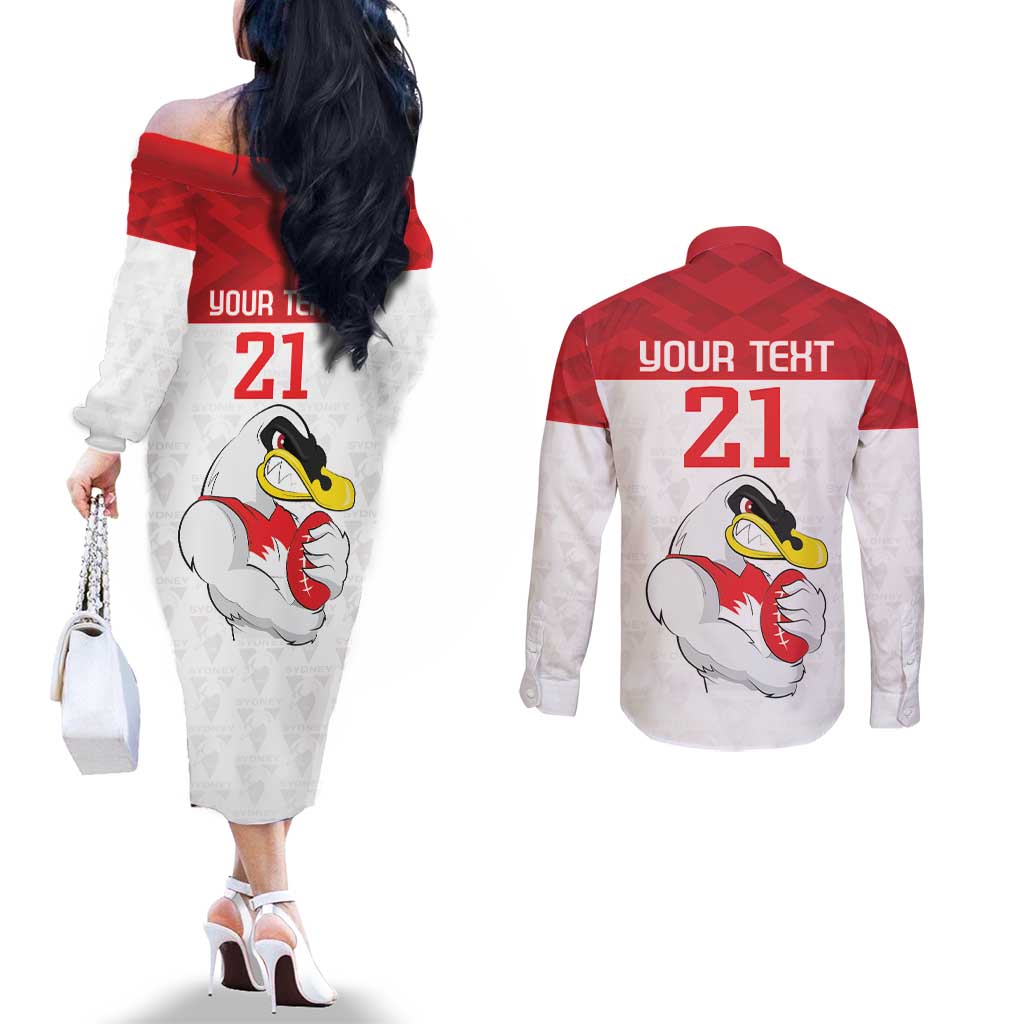 AFL Sydney Custom Couples Matching Off The Shoulder Long Sleeve Dress and Long Sleeve Button Shirt with Swans Mascot Simple Style
