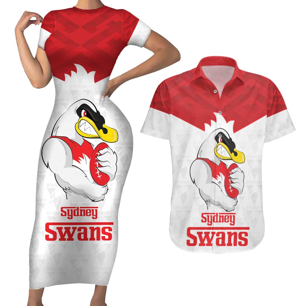 AFL Sydney Custom Couples Matching Short Sleeve Bodycon Dress and Hawaiian Shirt with Swans Mascot Simple Style