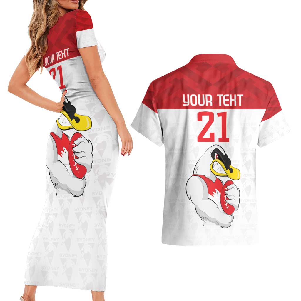 AFL Sydney Custom Couples Matching Short Sleeve Bodycon Dress and Hawaiian Shirt with Swans Mascot Simple Style