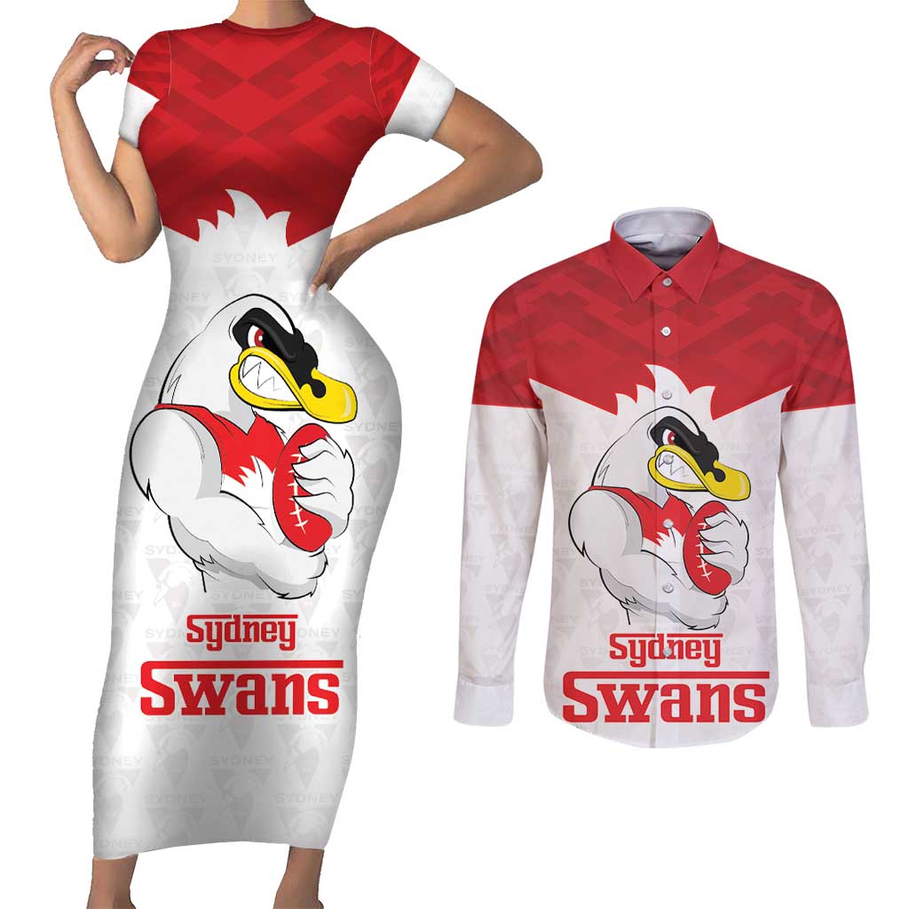 AFL Sydney Custom Couples Matching Short Sleeve Bodycon Dress and Long Sleeve Button Shirt with Swans Mascot Simple Style
